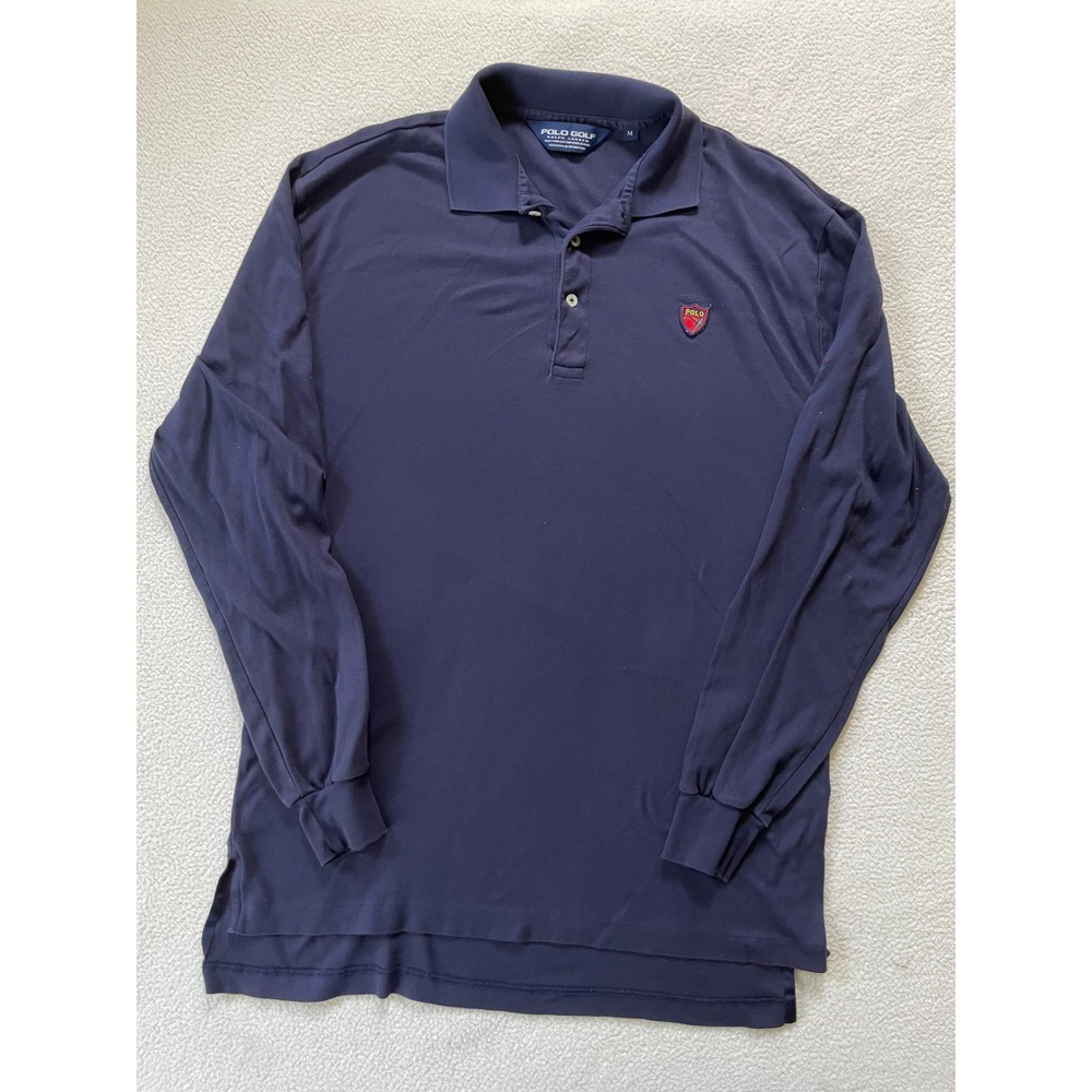 90s Polo‎ Golf Ralph Lauren Mens Medium Long Sleeve Polo Blue Crest Pima Cotton